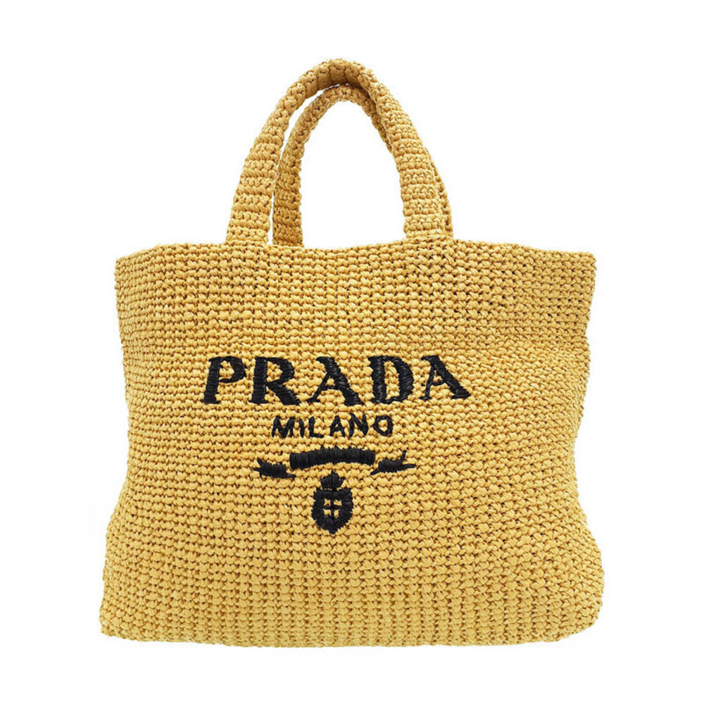 Prada crochet tote bag Tan yellow black embroidered logo